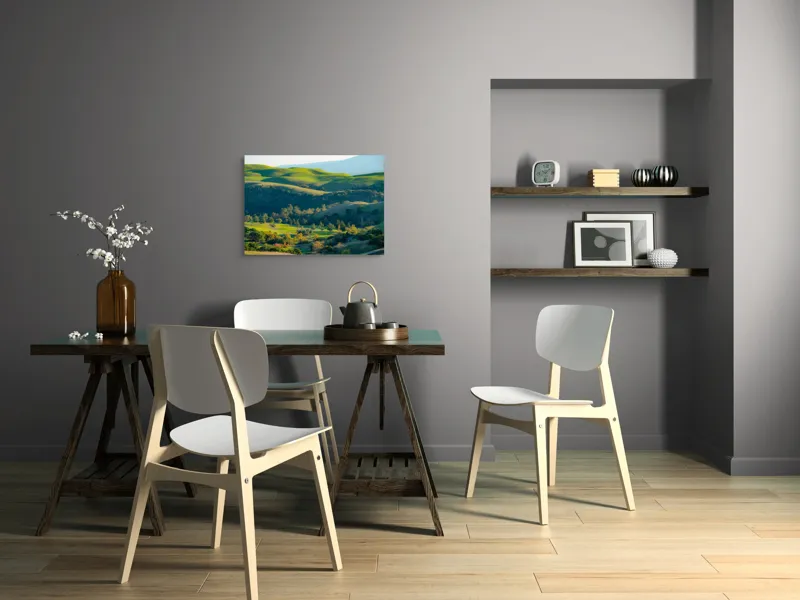 Tablou Canvas, "Culorile verzi ale dealurilor îmbrățișate", Verdant, Coline, Luminos, Arbori, Peisaj, Vale, Natură, Liniște, 70 x 50 cm – poza 5