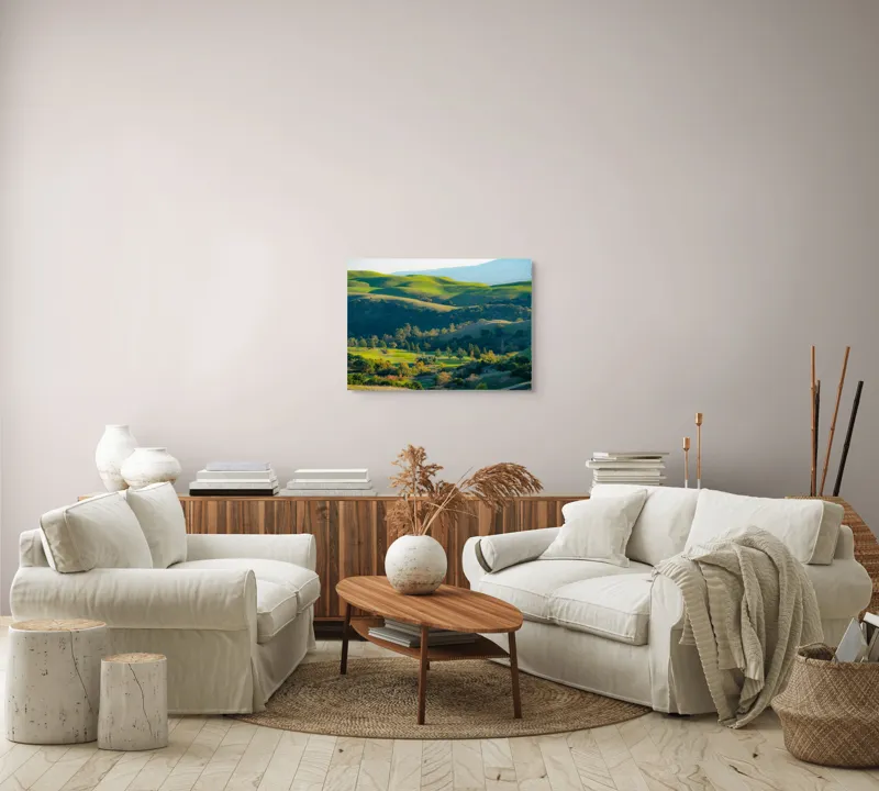Tablou Canvas, "Culorile verzi ale dealurilor îmbrățișate", Verdant, Coline, Luminos, Arbori, Peisaj, Vale, Natură, Liniște, 70 x 50 cm – poza 6