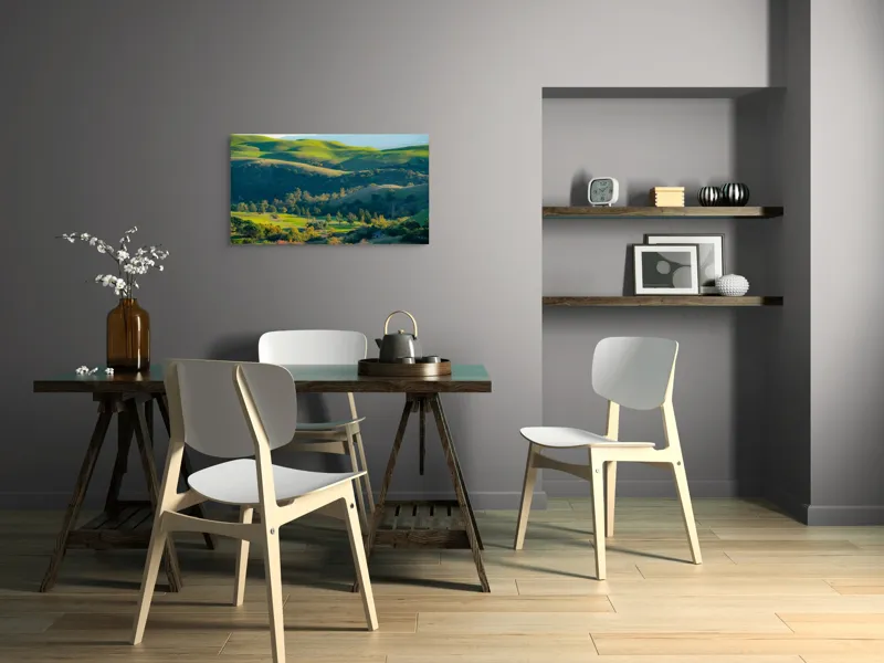 Tablou Canvas, "Culorile verzi ale dealurilor îmbrățișate", Verdant, Coline, Luminos, Arbori, Peisaj, Vale, Natură, Liniște, 90 x 50 cm – poza 3