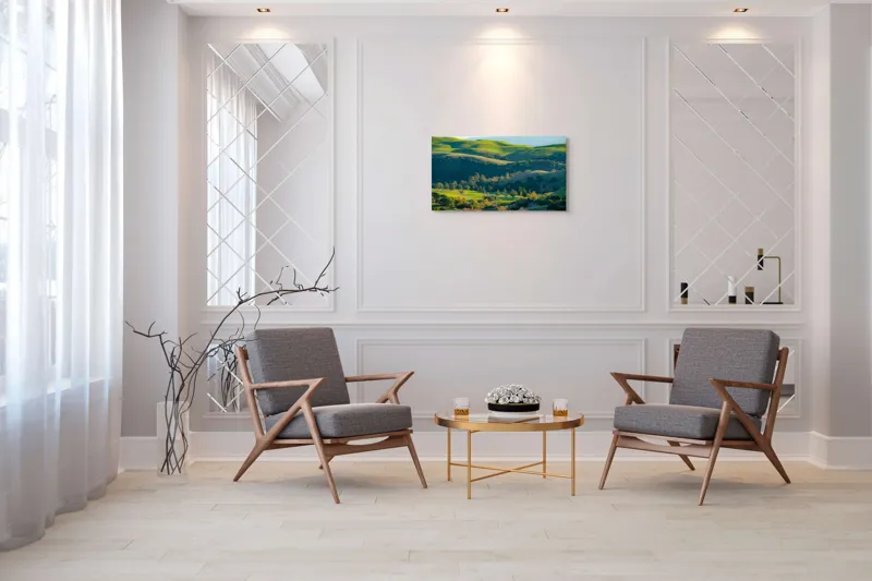 Tablou Canvas, "Culorile verzi ale dealurilor îmbrățișate", Verdant, Coline, Luminos, Arbori, Peisaj, Vale, Natură, Liniște, 90 x 50 cm – poza 7