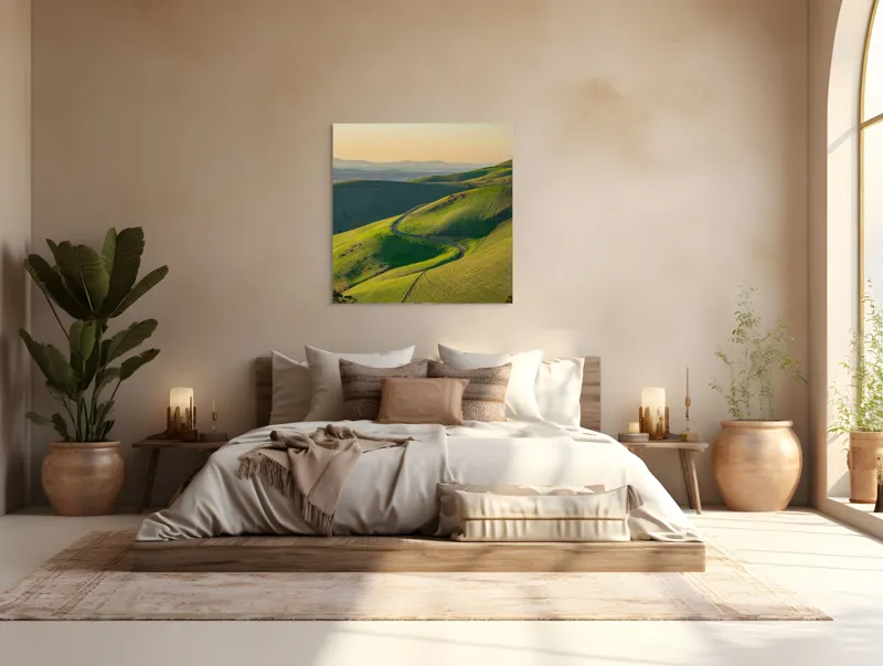 Tablou Canvas, "Drumul sinuos printre coline verzi", Peisaj, Coline, Drum, Apus, Verde, Cer, Pădure, Orizont, Lumină, Natură, 100 x 100 cm – poza 4