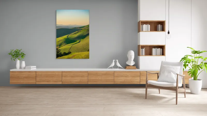 Tablou Canvas, "Drumul sinuos printre coline verzi", Peisaj, Coline, Drum, Apus, Verde, Cer, Pădure, Orizont, Lumină, Natură, 100 x 150 cm – poza 8