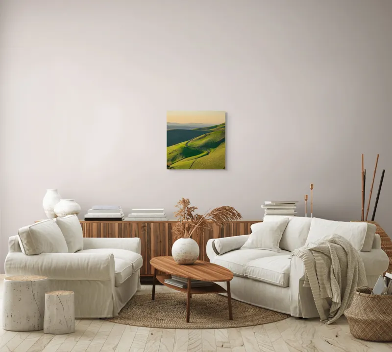 Tablou Canvas, "Drumul sinuos printre coline verzi", Peisaj, Coline, Drum, Apus, Verde, Cer, Pădure, Orizont, Lumină, Natură, 50 x 50 cm – poza 7