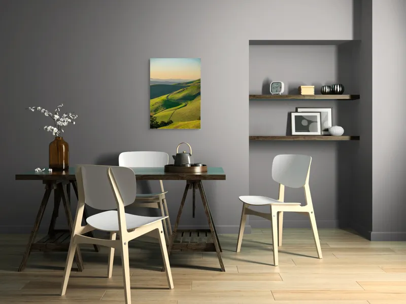 Tablou Canvas, "Drumul sinuos printre coline verzi", Peisaj, Coline, Drum, Apus, Verde, Cer, Pădure, Orizont, Lumină, Natură, 50 x 70 cm – poza 5