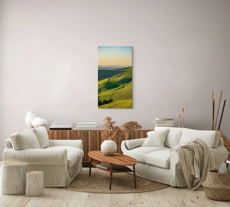 Tablou Canvas, "Drumul sinuos printre coline verzi", Peisaj, Coline, Drum, Apus, Verde, Cer, Pădure, Orizont, Lumină, Natură, 50 x 90 cm – poza 7