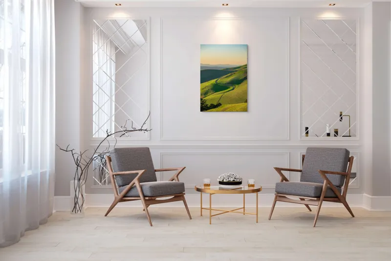 Tablou Canvas, "Drumul sinuos printre coline verzi", Peisaj, Coline, Drum, Apus, Verde, Cer, Pădure, Orizont, Lumină, Natură, 70 x 100 cm – poza 8