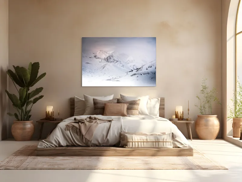 Tablou Canvas, "Iarna învăluind munții în tăcere albă", Alb, Înghețat, Montan, Tranquil, Vast, Izolat, Rece, Înfășurat, 150 x 100 cm – poza 4