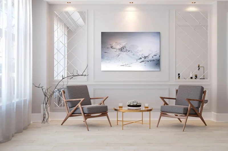 Tablou Canvas, "Iarna învăluind munții în tăcere albă", Alb, Înghețat, Montan, Tranquil, Vast, Izolat, Rece, Înfășurat, 150 x 100 cm – poza 7