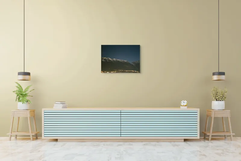 Tablou Canvas, "Luminile orașului la poalele munților", Munți, Noapte, Stele, Lumină, Orizont, Zăpadă, Cer, Natură, Lumină, Răcoare, 70 x 50 cm – poza 7