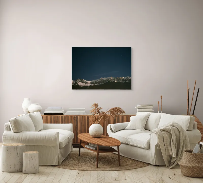 Tablou Canvas, "Eternele piscuri sub cerul înstelat", Stele, Munți, Noapte, Zăpadă, Lumină, 100 x 70 cm – poza 3