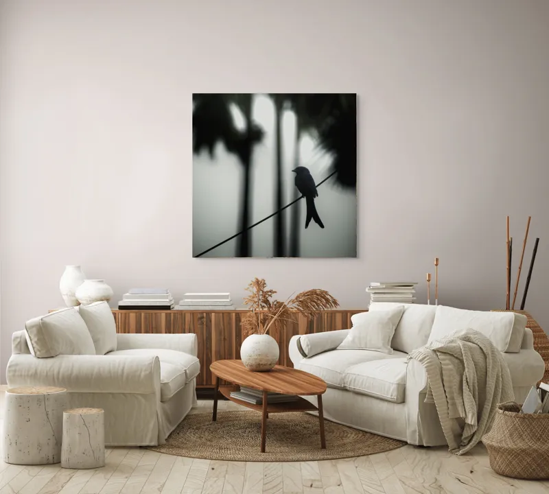 Tablou Canvas, "Pasăre solitară în dimineața cețoasă", Pasăre, Cablu, Siluetă, Arbori, Ceață, Liniște, Contrast, Natură, Mister, Umbre, 100 x 100 cm – poza 3