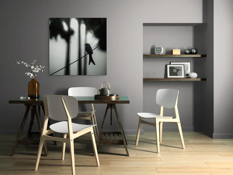 Tablou Canvas, "Pasăre solitară în dimineața cețoasă", Pasăre, Cablu, Siluetă, Arbori, Ceață, Liniște, Contrast, Natură, Mister, Umbre, 100 x 100 cm – poza 6