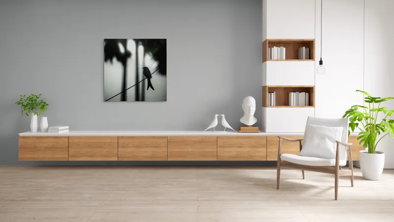 Tablou Canvas, "Pasăre solitară în dimineața cețoasă", Pasăre, Cablu, Siluetă, Arbori, Ceață, Liniște, Contrast, Natură, Mister, Umbre, 100 x 100 cm – poza 8