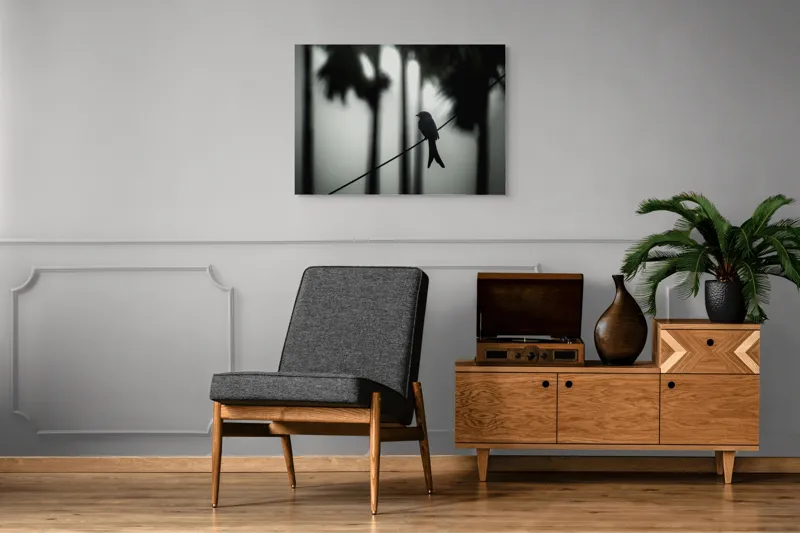 Tablou Canvas, "Pasăre solitară în dimineața cețoasă", Pasăre, Cablu, Siluetă, Arbori, Ceață, Liniște, Contrast, Natură, Mister, Umbre, 100 x 70 cm – poza 8