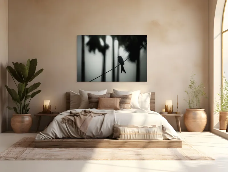 Tablou Canvas, "Pasăre solitară în dimineața cețoasă", Pasăre, Cablu, Siluetă, Arbori, Ceață, Liniște, Contrast, Natură, Mister, Umbre, 150 x 100 cm – poza 4