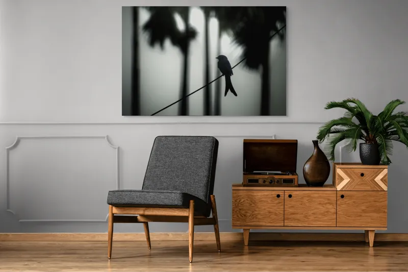 Tablou Canvas, "Pasăre solitară în dimineața cețoasă", Pasăre, Cablu, Siluetă, Arbori, Ceață, Liniște, Contrast, Natură, Mister, Umbre, 150 x 100 cm – poza 8