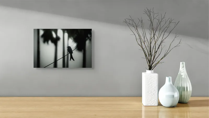 Tablou Canvas, "Pasăre solitară în dimineața cețoasă", Pasăre, Cablu, Siluetă, Arbori, Ceață, Liniște, Contrast, Natură, Mister, Umbre, 39 x 26 cm – poza 8