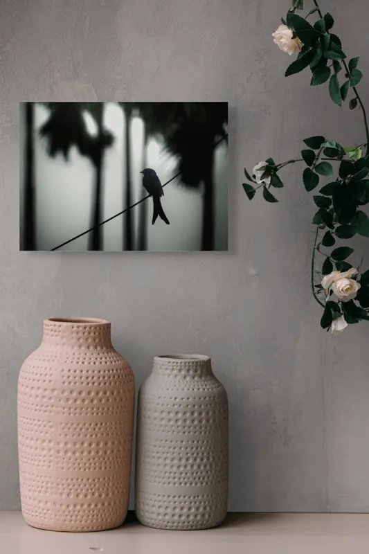 Tablou Canvas, "Pasăre solitară în dimineața cețoasă", Pasăre, Cablu, Siluetă, Arbori, Ceață, Liniște, Contrast, Natură, Mister, Umbre, 54 x 39 cm – poza 8