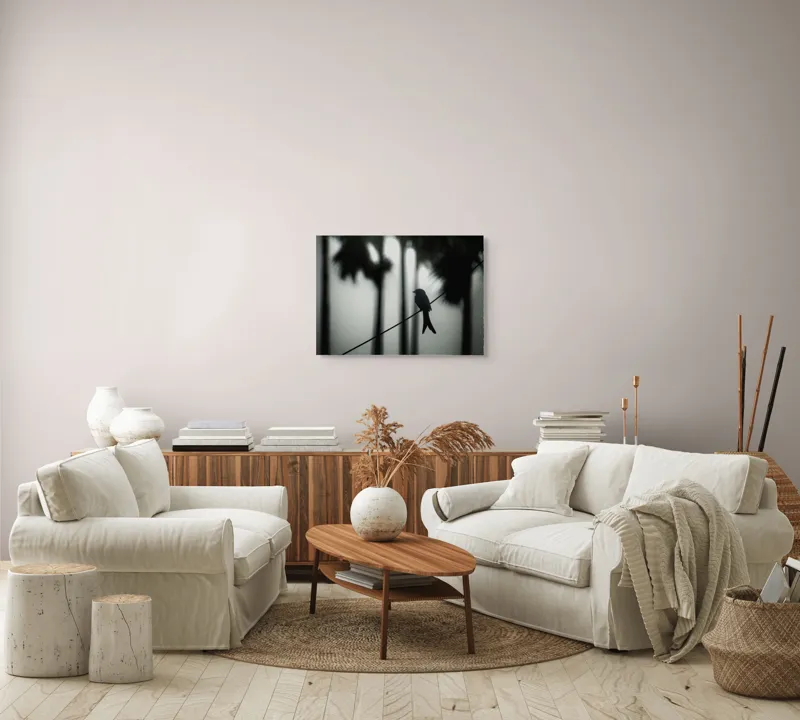 Tablou Canvas, "Pasăre solitară în dimineața cețoasă", Pasăre, Cablu, Siluetă, Arbori, Ceață, Liniște, Contrast, Natură, Mister, Umbre, 70 x 50 cm – poza 6