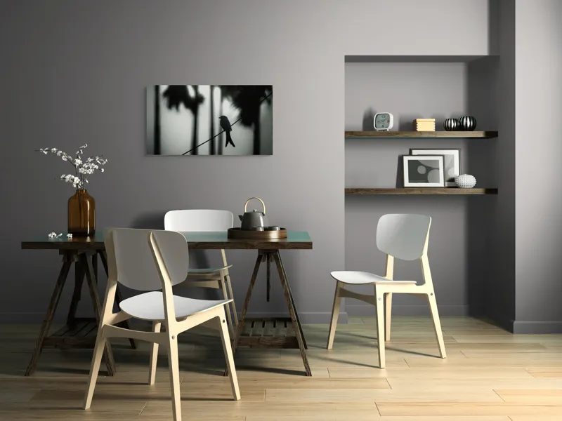 Tablou Canvas, "Pasăre solitară în dimineața cețoasă", Pasăre, Cablu, Siluetă, Arbori, Ceață, Liniște, Contrast, Natură, Mister, Umbre, 90 x 50 cm – poza 3
