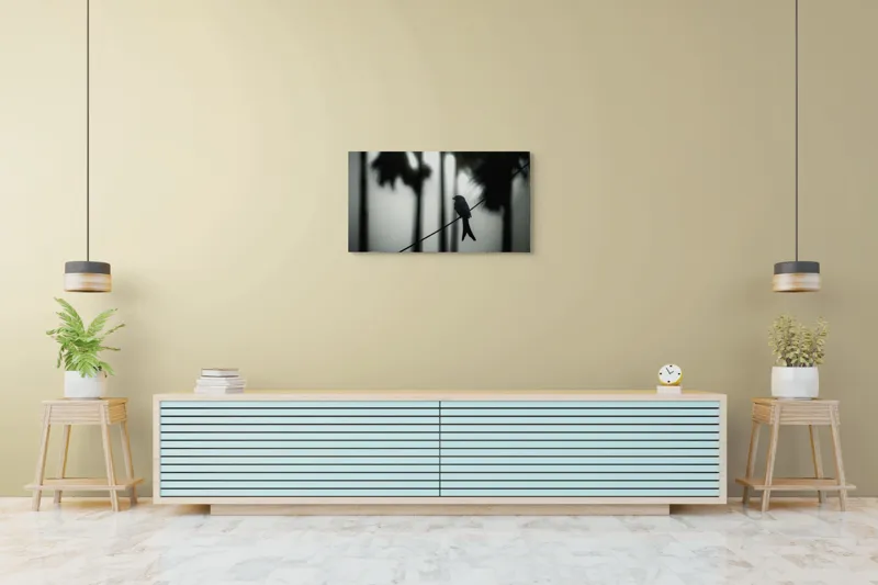 Tablou Canvas, "Pasăre solitară în dimineața cețoasă", Pasăre, Cablu, Siluetă, Arbori, Ceață, Liniște, Contrast, Natură, Mister, Umbre, 90 x 50 cm – poza 5