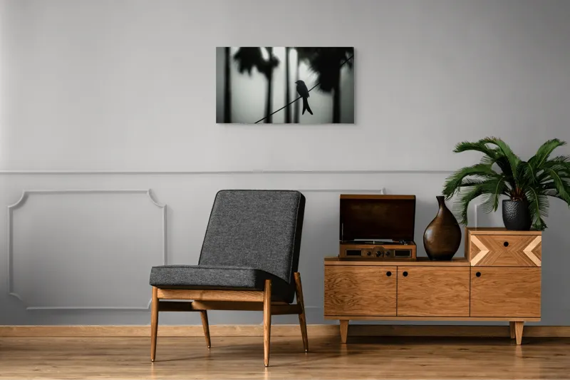 Tablou Canvas, "Pasăre solitară în dimineața cețoasă", Pasăre, Cablu, Siluetă, Arbori, Ceață, Liniște, Contrast, Natură, Mister, Umbre, 90 x 50 cm – poza 6