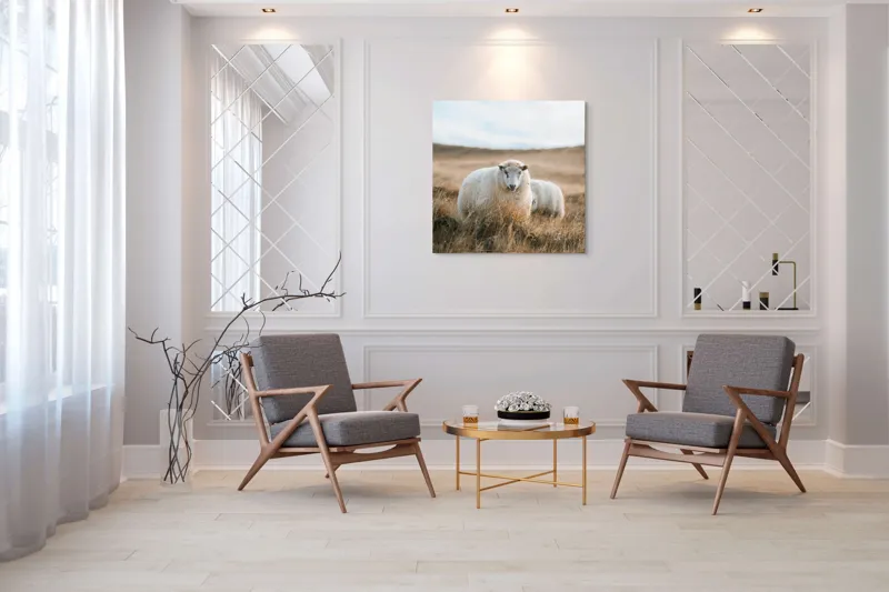 Tablou Canvas, "Miorița rătăcită în câmpia aurie", Oaie, Câmpie, Iarbă, Cer, Natură, Liniște, Blană, Peisaj, 100 x 100 cm – poza 7