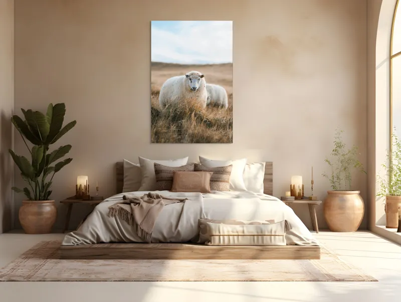 Tablou Canvas, "Miorița rătăcită în câmpia aurie", Oaie, Câmpie, Iarbă, Cer, Natură, Liniște, Blană, Peisaj, 100 x 150 cm – poza 3