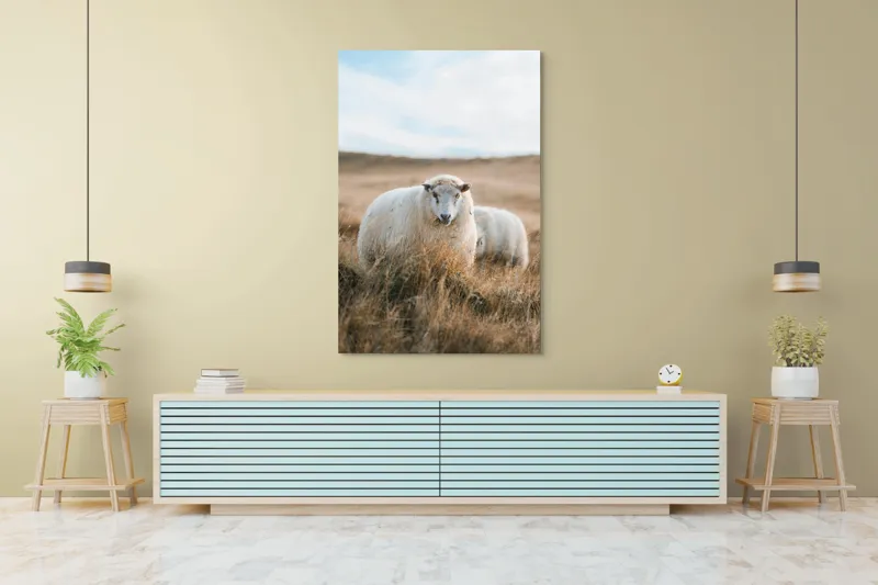 Tablou Canvas, "Miorița rătăcită în câmpia aurie", Oaie, Câmpie, Iarbă, Cer, Natură, Liniște, Blană, Peisaj, 100 x 150 cm – poza 4