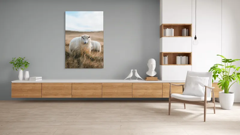 Tablou Canvas, "Miorița rătăcită în câmpia aurie", Oaie, Câmpie, Iarbă, Cer, Natură, Liniște, Blană, Peisaj, 100 x 150 cm – poza 8