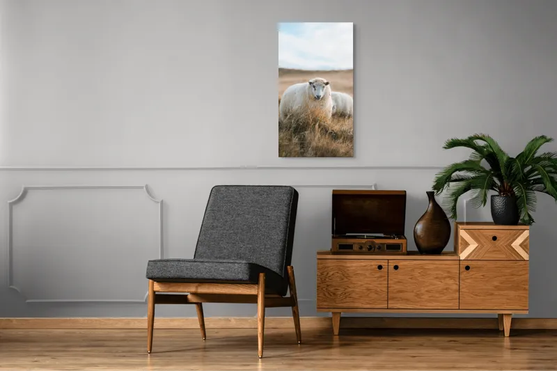 Tablou Canvas, "Miorița rătăcită în câmpia aurie", Oaie, Câmpie, Iarbă, Cer, Natură, Liniște, Blană, Peisaj, 50 x 90 cm – poza 8