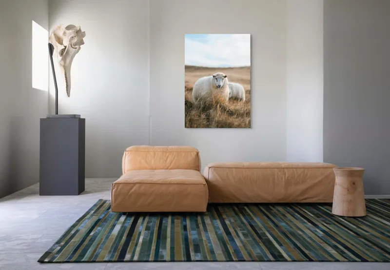 Tablou Canvas, "Miorița rătăcită în câmpia aurie", Oaie, Câmpie, Iarbă, Cer, Natură, Liniște, Blană, Peisaj, 70 x 100 cm – poza 7