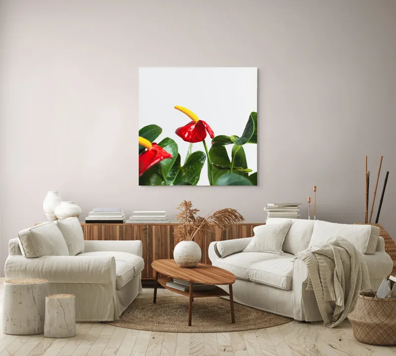 Tablou Canvas, "Flori tropicale în grădina verde", Roșu, Strălucitor, Lucios, Frunziș, Verde, Contrast, Elegant, Natural, Proaspăt, 100 x 100 cm – poza 3