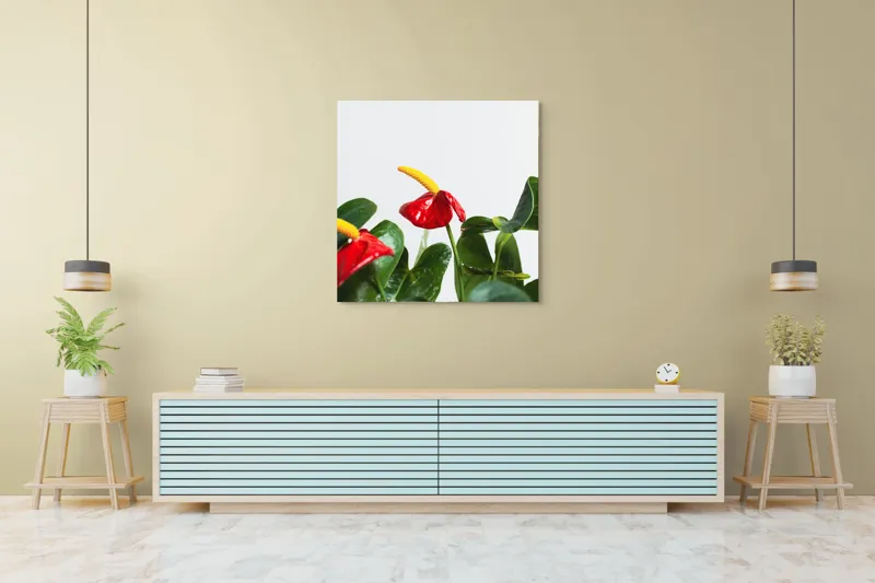 Tablou Canvas, "Flori tropicale în grădina verde", Roșu, Strălucitor, Lucios, Frunziș, Verde, Contrast, Elegant, Natural, Proaspăt, 100 x 100 cm – poza 5