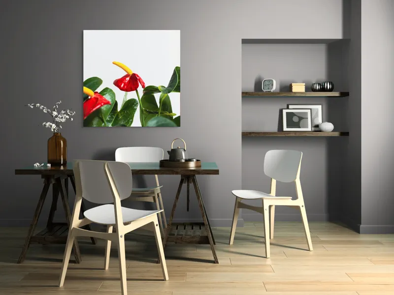 Tablou Canvas, "Flori tropicale în grădina verde", Roșu, Strălucitor, Lucios, Frunziș, Verde, Contrast, Elegant, Natural, Proaspăt, 100 x 100 cm – poza 6