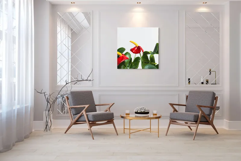 Tablou Canvas, "Flori tropicale în grădina verde", Roșu, Strălucitor, Lucios, Frunziș, Verde, Contrast, Elegant, Natural, Proaspăt, 100 x 100 cm – poza 7