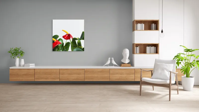 Tablou Canvas, "Flori tropicale în grădina verde", Roșu, Strălucitor, Lucios, Frunziș, Verde, Contrast, Elegant, Natural, Proaspăt, 100 x 100 cm – poza 8
