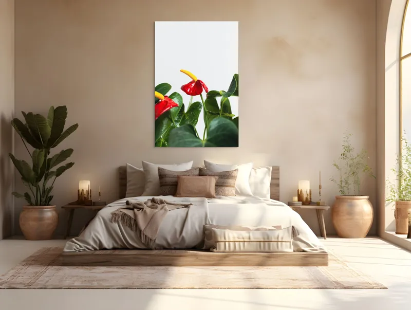 Tablou Canvas, "Flori tropicale în grădina verde", Roșu, Strălucitor, Lucios, Frunziș, Verde, Contrast, Elegant, Natural, Proaspăt, 100 x 150 cm – poza 3