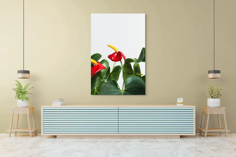 Tablou Canvas, "Flori tropicale în grădina verde", Roșu, Strălucitor, Lucios, Frunziș, Verde, Contrast, Elegant, Natural, Proaspăt, 100 x 150 cm – poza 4