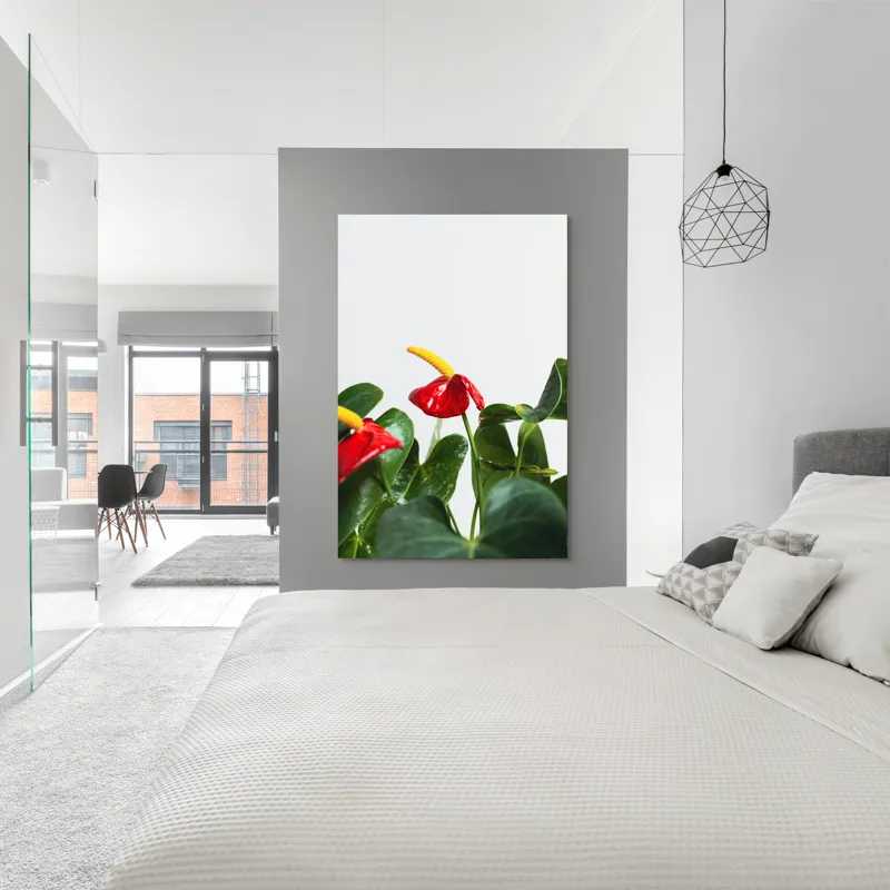 Tablou Canvas, "Flori tropicale în grădina verde", Roșu, Strălucitor, Lucios, Frunziș, Verde, Contrast, Elegant, Natural, Proaspăt, 100 x 150 cm – poza 5
