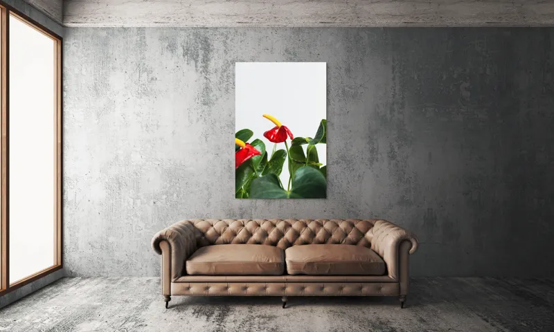 Tablou Canvas, "Flori tropicale în grădina verde", Roșu, Strălucitor, Lucios, Frunziș, Verde, Contrast, Elegant, Natural, Proaspăt, 100 x 150 cm – poza 6