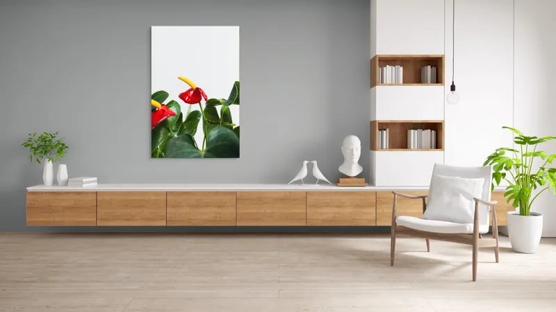 Tablou Canvas, "Flori tropicale în grădina verde", Roșu, Strălucitor, Lucios, Frunziș, Verde, Contrast, Elegant, Natural, Proaspăt, 100 x 150 cm – poza 8