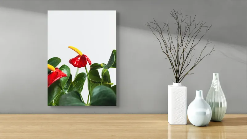 Tablou Canvas, "Flori tropicale în grădina verde", Roșu, Strălucitor, Lucios, Frunziș, Verde, Contrast, Elegant, Natural, Proaspăt, 39 x 54 cm – poza 4