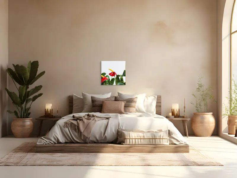 Tablou Canvas, "Flori tropicale în grădina verde", Roșu, Strălucitor, Lucios, Frunziș, Verde, Contrast, Elegant, Natural, Proaspăt, 50 x 50 cm – poza 5