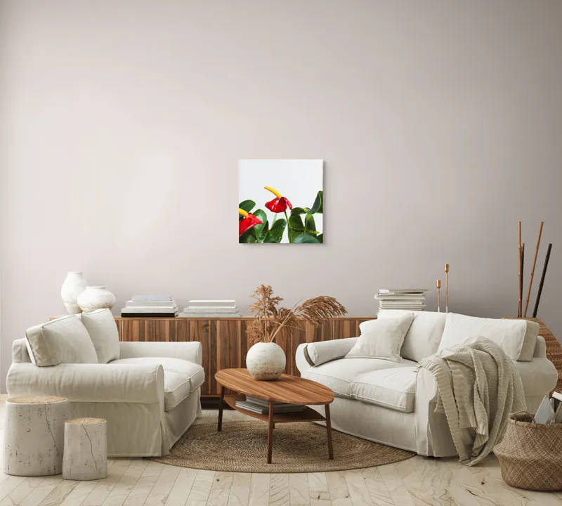 Tablou Canvas, "Flori tropicale în grădina verde", Roșu, Strălucitor, Lucios, Frunziș, Verde, Contrast, Elegant, Natural, Proaspăt, 50 x 50 cm – poza 7