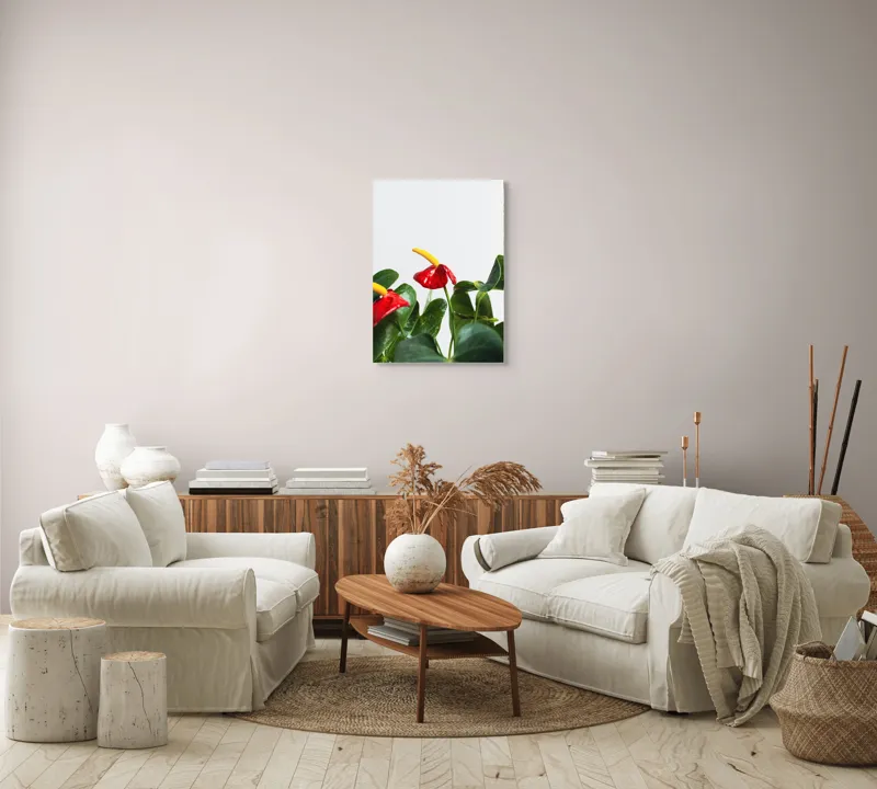 Tablou Canvas, "Flori tropicale în grădina verde", Roșu, Strălucitor, Lucios, Frunziș, Verde, Contrast, Elegant, Natural, Proaspăt, 50 x 70 cm – poza 4