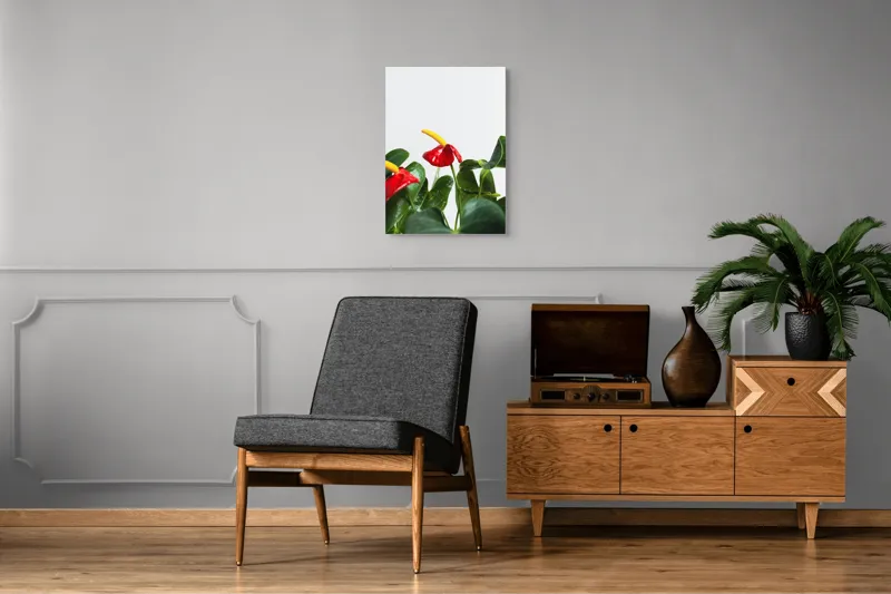 Tablou Canvas, "Flori tropicale în grădina verde", Roșu, Strălucitor, Lucios, Frunziș, Verde, Contrast, Elegant, Natural, Proaspăt, 50 x 70 cm – poza 8