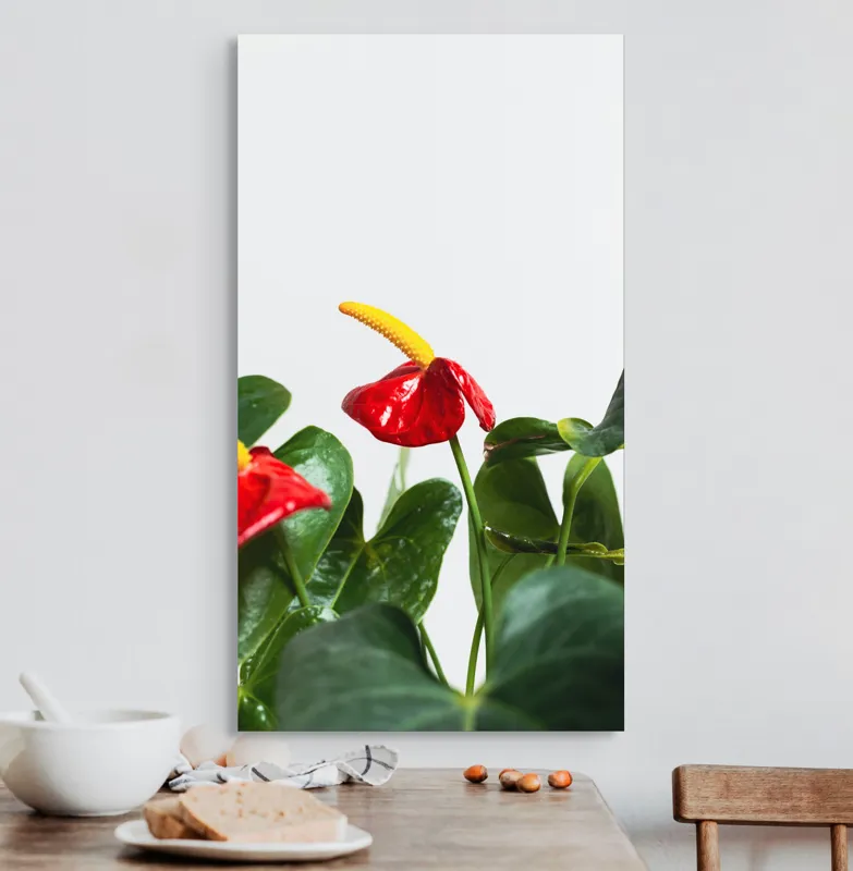 Tablou Canvas, "Flori tropicale în grădina verde", Roșu, Strălucitor, Lucios, Frunziș, Verde, Contrast, Elegant, Natural, Proaspăt, 50 x 90 cm – poza 3