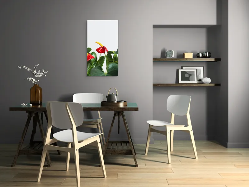 Tablou Canvas, "Flori tropicale în grădina verde", Roșu, Strălucitor, Lucios, Frunziș, Verde, Contrast, Elegant, Natural, Proaspăt, 50 x 90 cm – poza 4