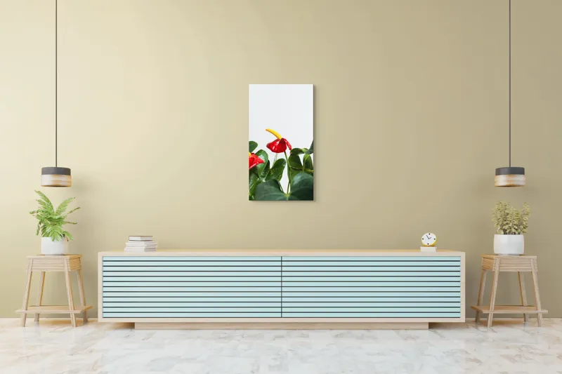 Tablou Canvas, "Flori tropicale în grădina verde", Roșu, Strălucitor, Lucios, Frunziș, Verde, Contrast, Elegant, Natural, Proaspăt, 50 x 90 cm – poza 6